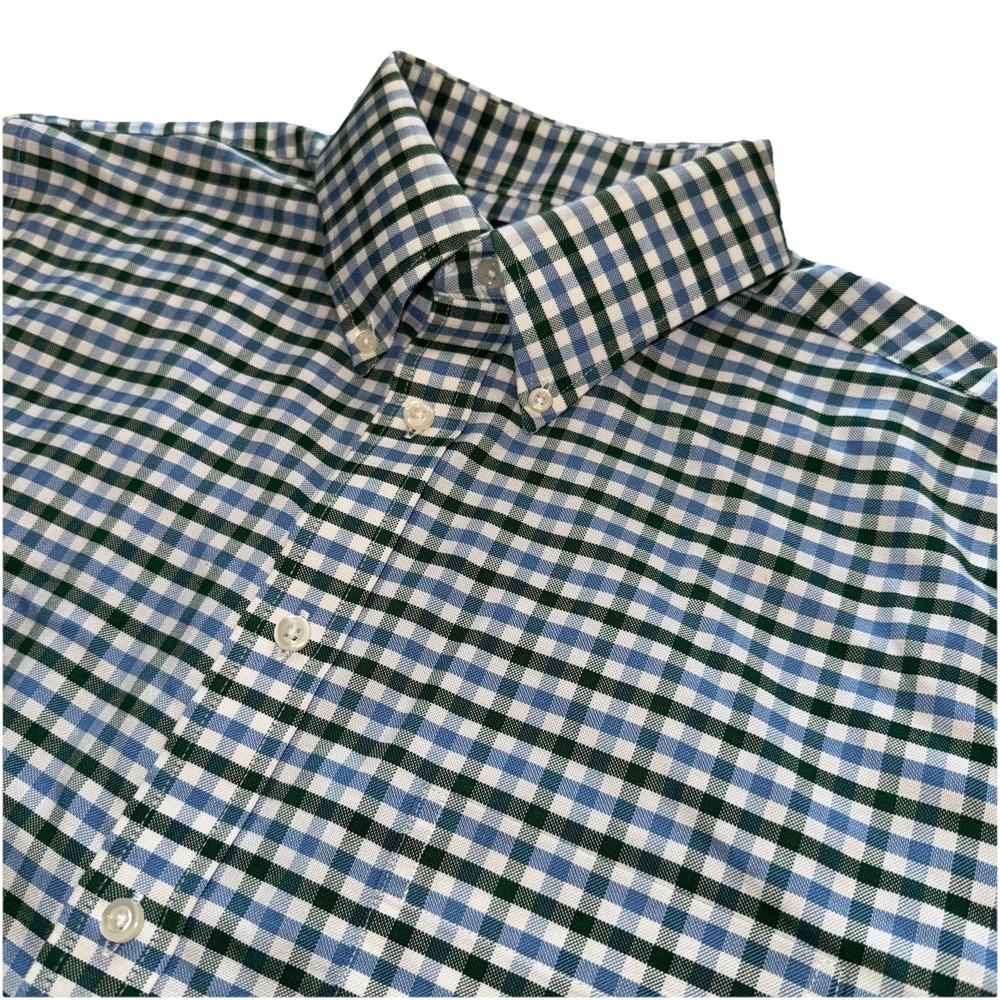 Stafford Mens 2XL Oxford Dress Shirt Button Up Cotton Green Blue Gingham Plaid - Picture 6 of 16